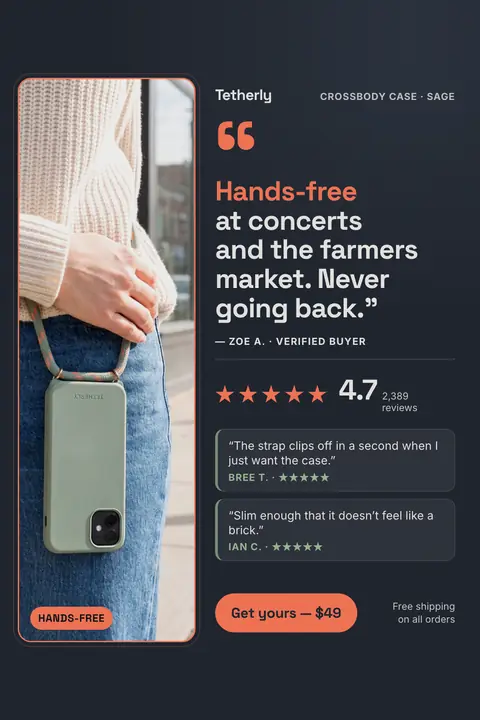 Dark navy Tetherly ad: 'Hands-free at concerts and the farmers market. Never going back.' as a quote from Zoe A., beside a photo of a sage phone case on a striped cord worn crossbody, 4.7 stars from 2,389 reviews, two short reviews and a 'Get yours, $49' button. Shown here in the 2:3 Pinterest size.