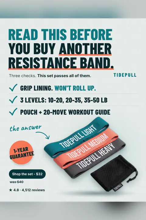 Light gray Tidepull ad: 'Read this before you buy another resistance band.' with three checkmarked features, a photo of teal, coral and gray fabric bands with a mesh pouch, a 1-year guarantee sticker, 'Shop the set - $32', was $40, and 4.8 from 4,512 reviews. Shown here in the 2:3 Pinterest size.