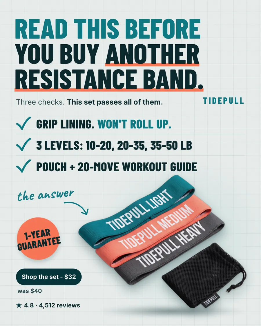 Light gray Tidepull ad: 'Read this before you buy another resistance band.' with three checkmarked features, a photo of teal, coral and gray fabric bands with a mesh pouch, a 1-year guarantee sticker, 'Shop the set - $32', was $40, and 4.8 from 4,512 reviews.