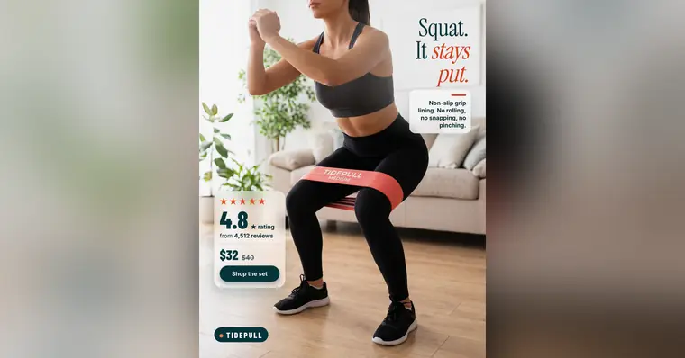 Bright white living room Tidepull ad: 'Squat. It stays put.' A woman in a mid-squat wears a coral Tidepull Medium band above her knees. A card shows 4.8 rating from 4,512 reviews, $32 (was $40) and a 'Shop the set' button. The 1.91:1 version.