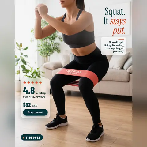 Bright white living room Tidepull ad: 'Squat. It stays put.' A woman in a mid-squat wears a coral Tidepull Medium band above her knees. A card shows 4.8 rating from 4,512 reviews, $32 (was $40) and a 'Shop the set' button. The 1:1 version.