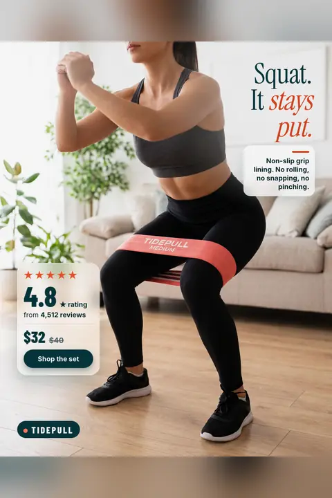 Bright white living room Tidepull ad: 'Squat. It stays put.' A woman in a mid-squat wears a coral Tidepull Medium band above her knees. A card shows 4.8 rating from 4,512 reviews, $32 (was $40) and a 'Shop the set' button. Shown here in the 2:3 Pinterest size.