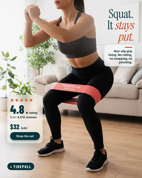 Bright white living room Tidepull ad: 'Squat. It stays put.' A woman in a mid-squat wears a coral Tidepull Medium band above her knees. A card shows 4.8 rating from 4,512 reviews, $32 (was $40) and a 'Shop the set' button. The 4:5 version.