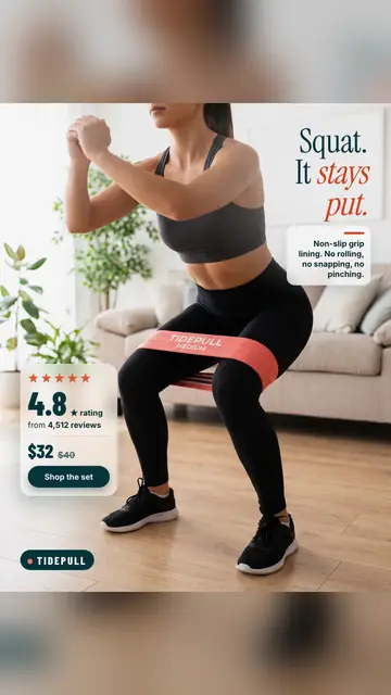 Bright white living room Tidepull ad: 'Squat. It stays put.' A woman in a mid-squat wears a coral Tidepull Medium band above her knees. A card shows 4.8 rating from 4,512 reviews, $32 (was $40) and a 'Shop the set' button. The 9:16 version.