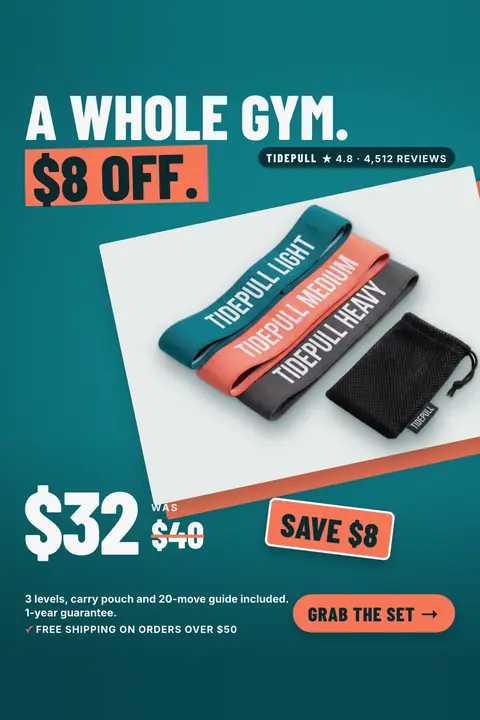 Teal Tidepull ad: 'A WHOLE GYM.' with '$8 OFF.' on an orange block, a photo of three fabric bands (light, medium, heavy) and a black mesh pouch, $32 was $40, a 'SAVE $8' sticker, 4.8 from 4,512 reviews and a 'GRAB THE SET' button. Shown here in the 2:3 Pinterest size.
