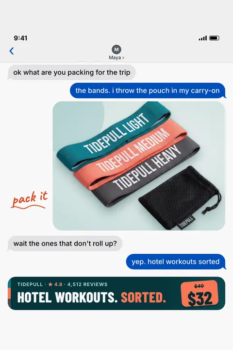 Light gray iMessage-style Tidepull ad: 'Hotel workouts. Sorted.' under a text chat about packing. A photo shows teal, coral and gray fabric bands labeled Light, Medium and Heavy with a black mesh pouch. A banner shows 4.8, 4,512 reviews, $40 crossed out, $32. Shown here in the 2:3 Pinterest size.