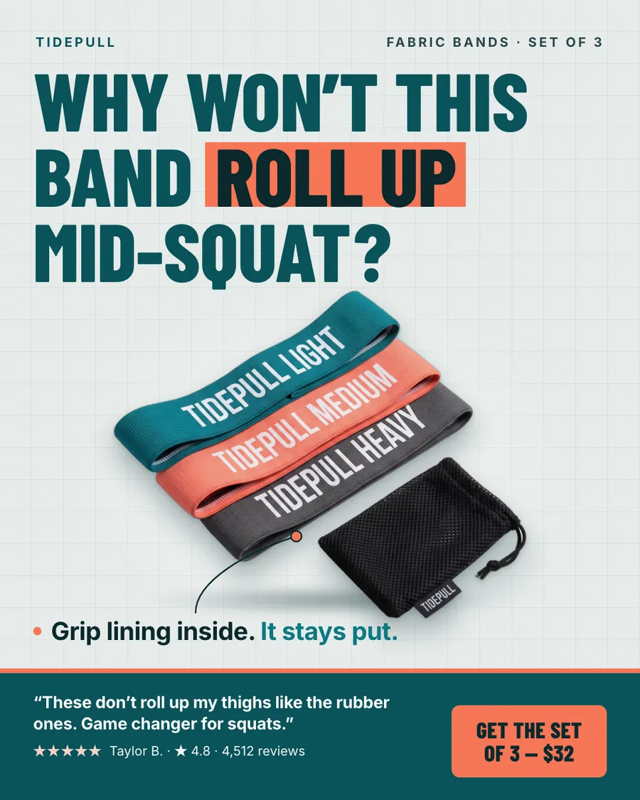 Light gray-green Tidepull ad: 'Why won't this band roll up mid-squat?' with a photo of three fabric bands (Light teal, Medium coral, Heavy gray) and a mesh pouch, a 'Grip lining inside. It stays put.' note, a 5-star quote, and a 'Get the set of 3 for $32' button.
