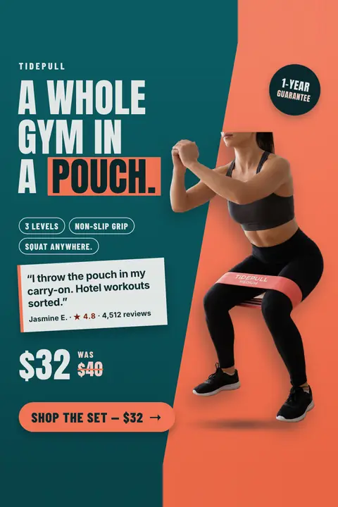Teal and coral split Tidepull ad: 'A whole gym in a pouch.' beside a photo of a woman squatting with a coral Tidepull band above her knees, with a hotel workout review, 4.8 stars, $32 (was $40), a 1-year guarantee badge and a shop button. Shown here in the 2:3 Pinterest size.