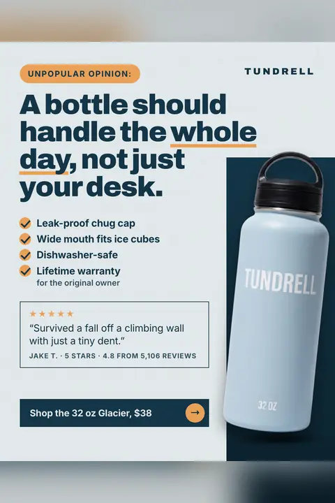 Light gray-blue Tundrell ad: 'A bottle should handle the whole day, not just your desk.' with an 'Unpopular opinion:' tag, four checkmark features, a climbing wall review quote, a light blue 32 oz bottle, and a 'Shop the 32 oz Glacier, $38' button. Shown here in the 2:3 Pinterest size.