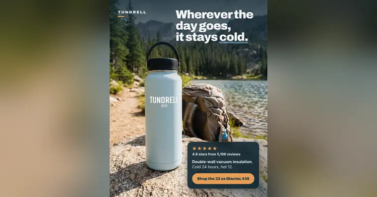 Outdoor photo Tundrell ad: 'Wherever the day goes, it stays cold.' A light blue 32 oz bottle sits on a rock beside a backpack and a lake. A card shows 4.8 stars from 5,106 reviews, cold 24 hours, hot 12, and a '$38' shop button. The 1.91:1 version.