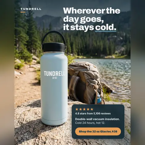Outdoor photo Tundrell ad: 'Wherever the day goes, it stays cold.' A light blue 32 oz bottle sits on a rock beside a backpack and a lake. A card shows 4.8 stars from 5,106 reviews, cold 24 hours, hot 12, and a '$38' shop button. The 1:1 version.