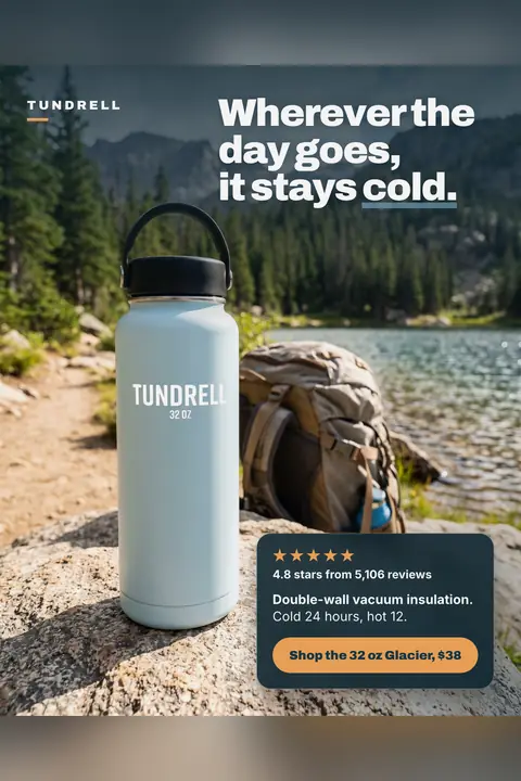 Outdoor photo Tundrell ad: 'Wherever the day goes, it stays cold.' A light blue 32 oz bottle sits on a rock beside a backpack and a lake. A card shows 4.8 stars from 5,106 reviews, cold 24 hours, hot 12, and a '$38' shop button. Shown here in the 2:3 Pinterest size.