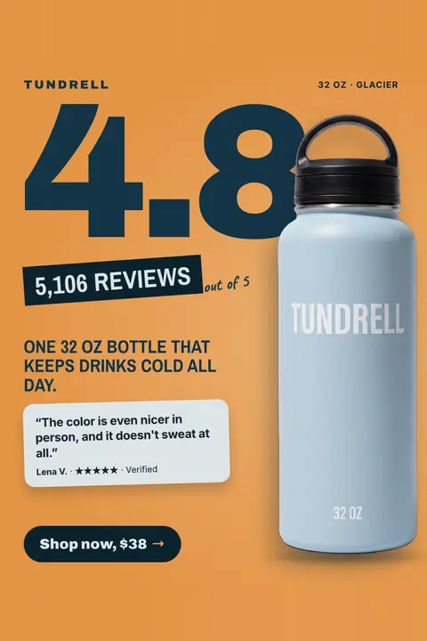 Orange Tundrell ad: '4.8 5,106 REVIEWS out of 5' with a huge navy 4.8, a light blue 32 oz bottle with a black lid, the line 'One 32 oz bottle that keeps drinks cold all day.', a quote card from Lena V. with five stars, and a 'Shop now, $38' button. Shown here in the 2:3 Pinterest size.