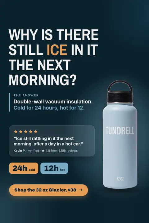 Dark navy Tundrell ad: 'WHY IS THERE STILL ICE IN IT THE NEXT MORNING?' with a light blue 32 oz Glacier bottle, a 5-star review quote from Kevin P., 4.8 from 5,106 reviews, 24h cold and 12h hot tags, and a 'Shop the 32 oz Glacier, $38' button. Shown here in the 2:3 Pinterest size.