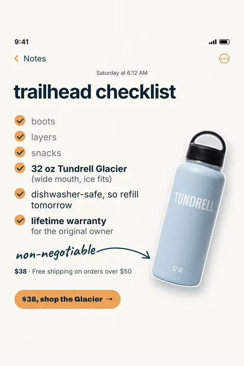 Off-white Tundrell ad styled like a phone note: 'trailhead checklist' with six checked items (boots, layers, snacks, 32 oz Tundrell Glacier, dishwasher-safe, lifetime warranty for the original owner), a light blue bottle, a 'non-negotiable' arrow, $38 and a shop button. Shown here in the 2:3 Pinterest size.