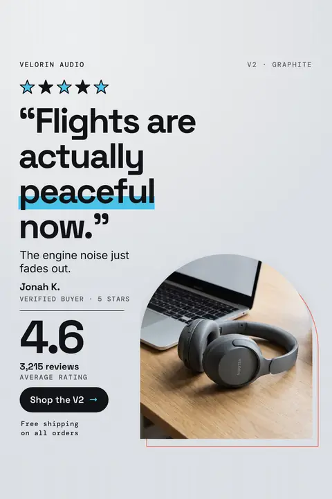 Light gray Velorin Audio ad: '“Flights are actually peaceful now.”' with 'peaceful' underlined in blue, five stars, a quote from Jonah K., a 4.6 rating from 3,215 reviews, graphite headphones on a desk by a laptop, and a 'Shop the V2' button. Shown here in the 2:3 Pinterest size.