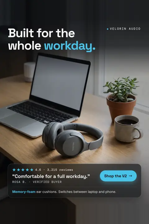 Dark gray Velorin Audio ad: 'Built for the whole workday.' with 'workday.' in blue, above a photo of gray headphones on a wooden desk beside a laptop, a plant and a coffee mug. A card shows 4.6 stars, 3,215 reviews and a quote, plus a 'Shop the V2' button. Shown here in the 2:3 Pinterest size.