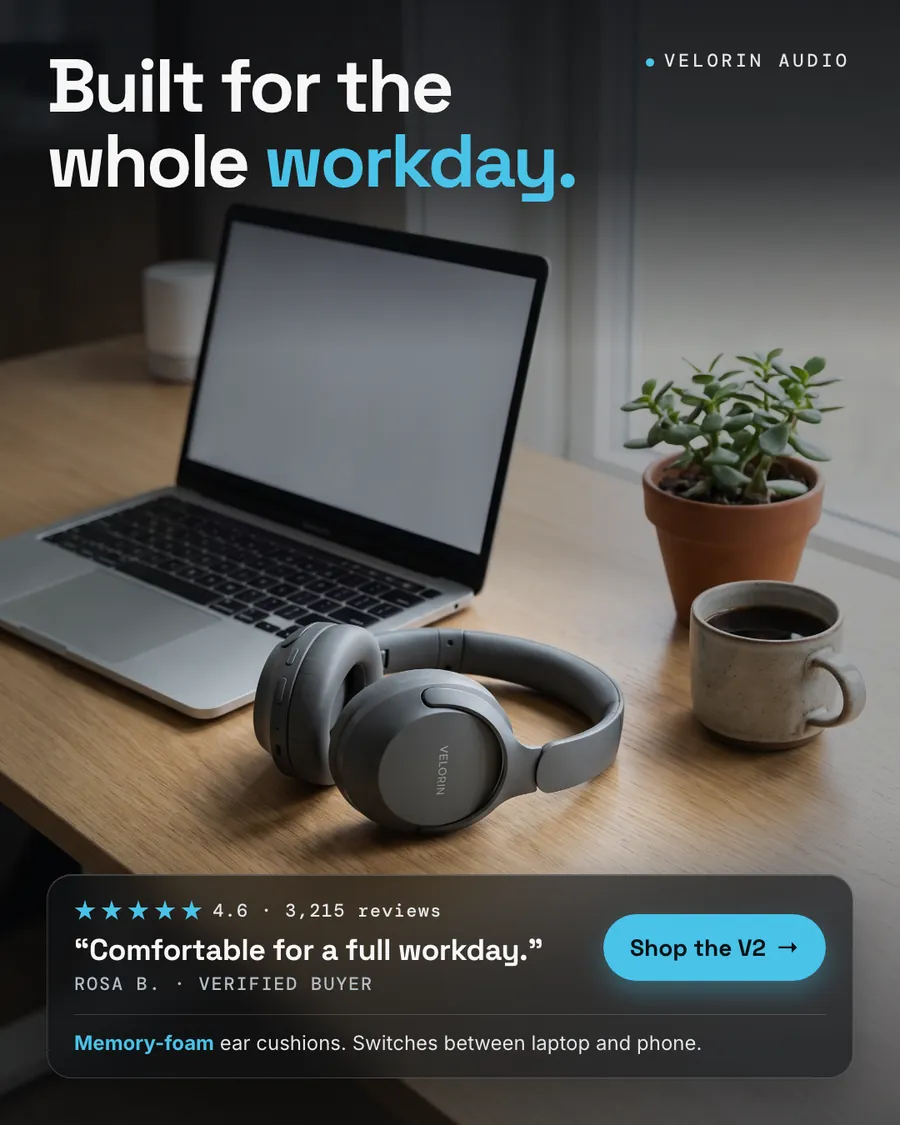 Dark gray Velorin Audio ad: 'Built for the whole workday.' with 'workday.' in blue, above a photo of gray headphones on a wooden desk beside a laptop, a plant and a coffee mug. A card shows 4.6 stars, 3,215 reviews and a quote, plus a 'Shop the V2' button.