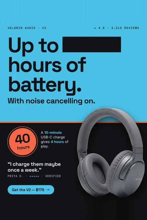 Bright blue and black Velorin Audio ad: 'Up to ____ hours of battery.' with a black box over the number, then 'With noise cancelling on.' An orange badge reads 40 hours, with a 10-minute charge note, a Priya D. quote, 4.6 from 3,215 reviews, grey headphones and a $179 button. Shown here in the 2:3 Pinterest size.