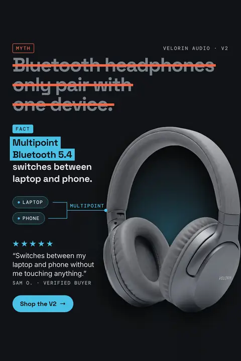 Dark charcoal Velorin Audio ad: 'Bluetooth headphones only pair with one device.' struck through in orange under a MYTH tag, then a FACT line on Multipoint Bluetooth 5.4, a laptop and phone diagram, a 5-star quote and a 'Shop the V2' button beside gray headphones. Shown here in the 2:3 Pinterest size.