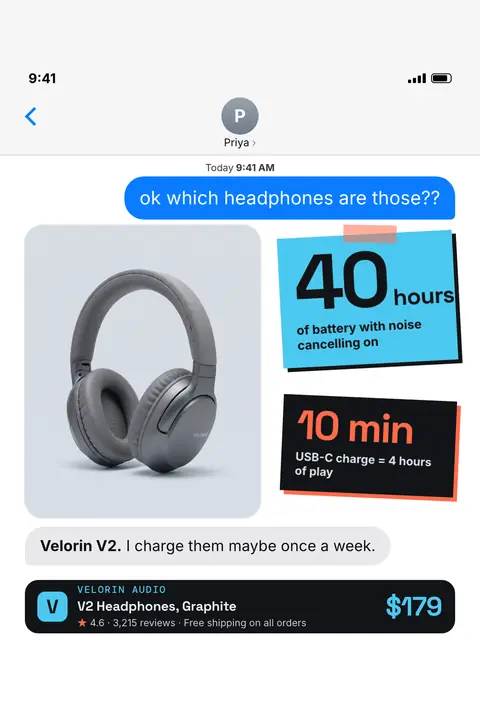 Light iMessage-style Velorin Audio ad: 'ok which headphones are those??' as a blue text bubble, with a gray headphone photo, a blue note reading 40 hours of battery, a black note reading 10 min charge = 4 hours, and a reply naming the V2 at $179. Shown here in the 2:3 Pinterest size.