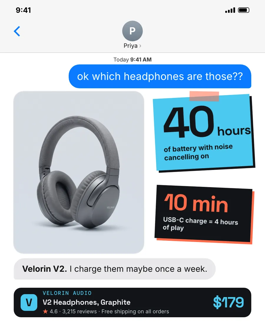Light iMessage-style Velorin Audio ad: 'ok which headphones are those??' as a blue text bubble, with a gray headphone photo, a blue note reading 40 hours of battery, a black note reading 10 min charge = 4 hours, and a reply naming the V2 at $179.