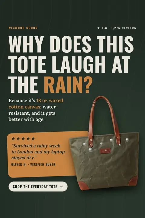 Dark green Wexmoor Goods ad: 'Why does this tote laugh at the rain?' with 'rain' in orange, a photo of an olive waxed canvas tote with tan leather handles and water beads, an orange review card, 4.8 stars, and a 'Shop the Everyday Tote' button. Shown here in the 2:3 Pinterest size.