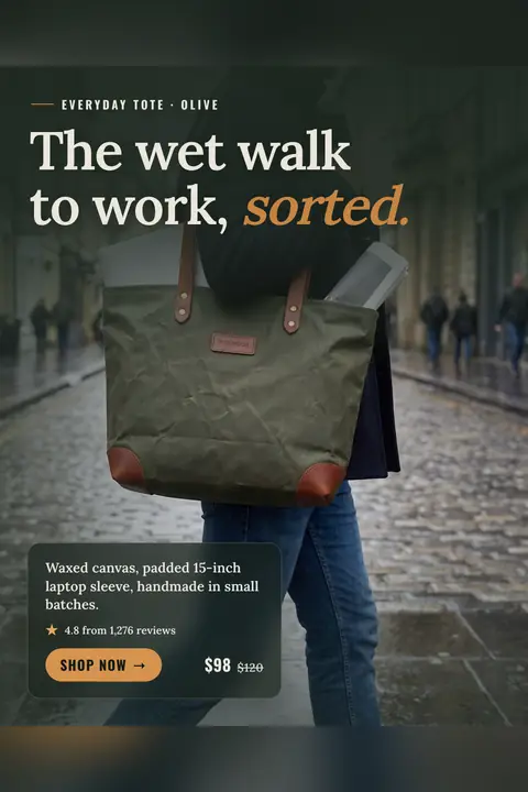 Dark green-gray Wexmoor Goods ad: 'The wet walk to work, sorted.' over a photo of someone carrying an olive waxed canvas tote with a laptop and newspaper in it on a wet cobbled street. Shows 4.8 from 1,276 reviews, $98 with $120 crossed out, and a 'Shop now' button. Shown here in the 2:3 Pinterest size.