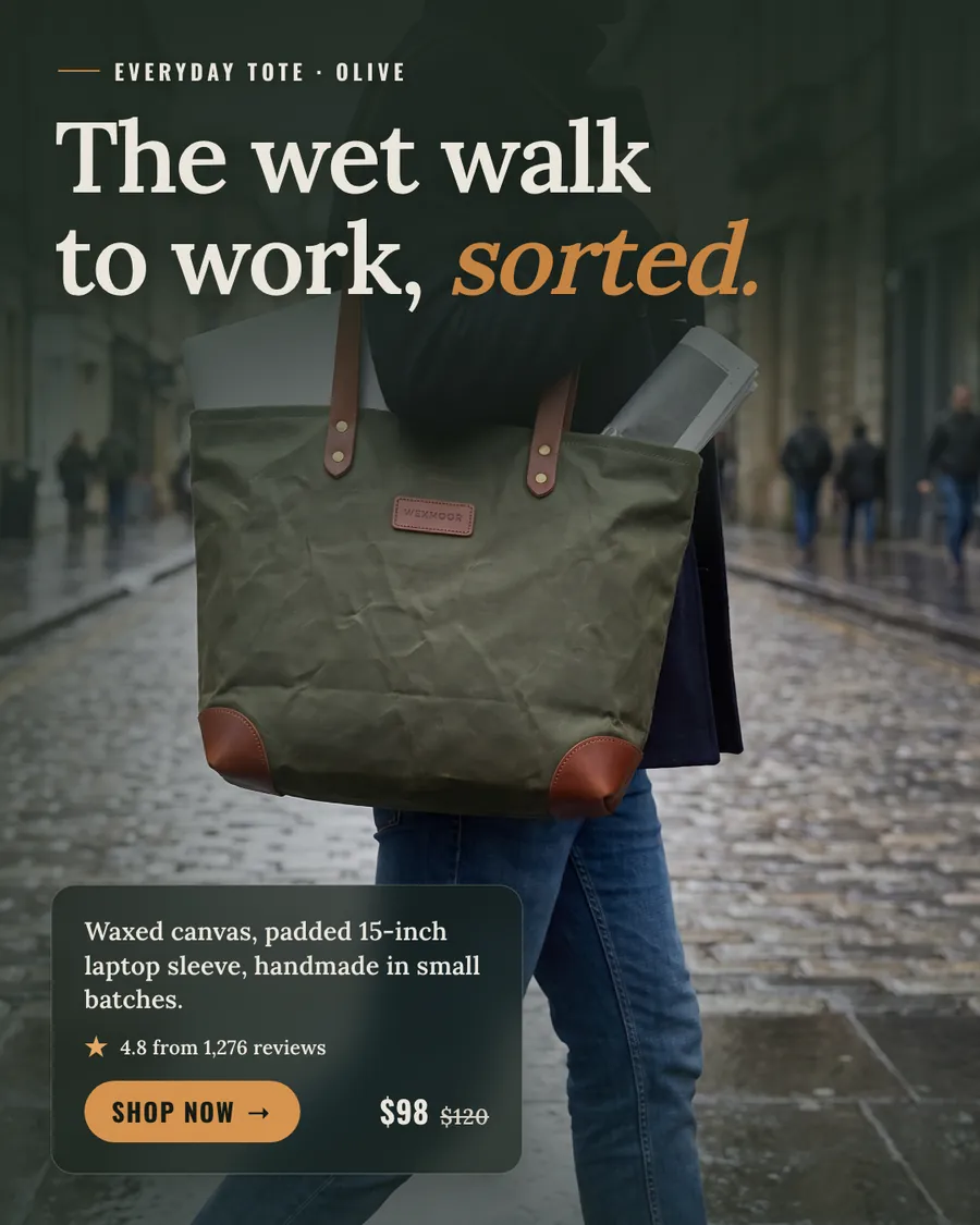 Dark green-gray Wexmoor Goods ad: 'The wet walk to work, sorted.' over a photo of someone carrying an olive waxed canvas tote with a laptop and newspaper in it on a wet cobbled street. Shows 4.8 from 1,276 reviews, $98 with $120 crossed out, and a 'Shop now' button.