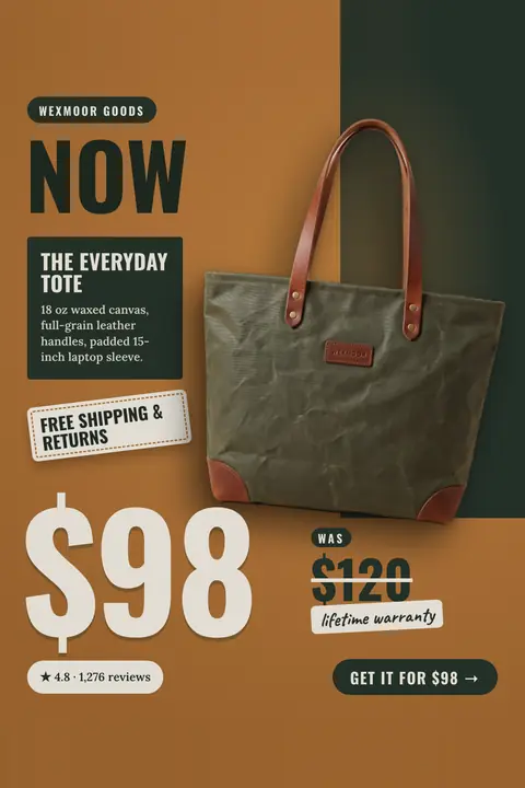 Ochre Wexmoor Goods ad: 'Now $98. Was $120.' with an olive waxed canvas tote with leather handles, a huge $98, a crossed-out $120, a 'Free shipping & returns' sticker, a lifetime warranty note, 4.8 from 1,276 reviews and a 'Get it for $98' button. Shown here in the 2:3 Pinterest size.