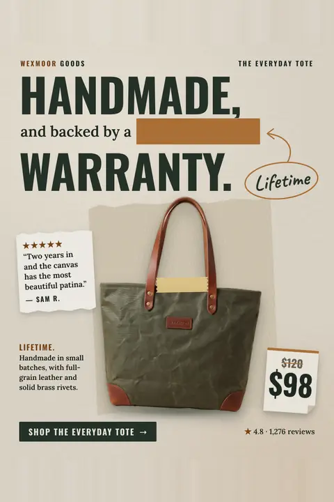 Beige Wexmoor Goods ad: 'Handmade, and backed by a ____ warranty.' with an orange blank, answered by a circled handwritten 'Lifetime'. Olive canvas tote with brown leather handles, a 5-star quote from Sam R., $98 (was $120), 4.8 from 1,276 reviews and a 'Shop the Everyday Tote' button. Shown here in the 2:3 Pinterest size.