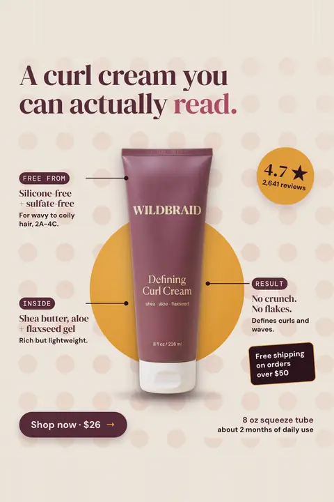 Cream Wildbraid ad with a dot pattern: 'A curl cream you can actually read.' above a plum tube of Defining Curl Cream on a yellow circle, with three labeled notes, a 4.7 star badge, and a 'Shop now · $26' button. Shown here in the 2:3 Pinterest size.