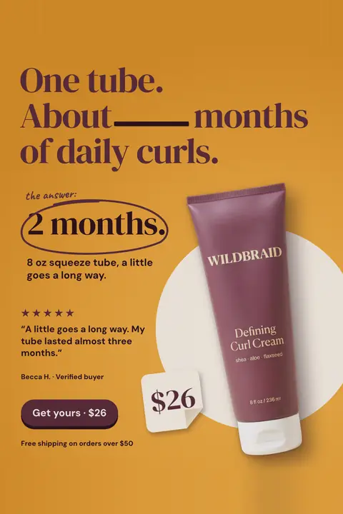 Mustard yellow Wildbraid ad: 'One tube. About ____ months of daily curls.' with a circled handwritten-style answer, '2 months.', a five-star quote from Becca H., a plum Defining Curl Cream tube, a $26 tag and a 'Get yours · $26' button. Shown here in the 2:3 Pinterest size.