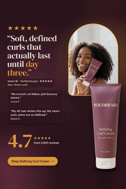 Dark plum Wildbraid ad: '“Soft, defined curls that actually last until day three.”' with five stars, two more customer quotes, 4.7 from 2,641 reviews, a smiling woman with curls holding the tube, and a 'Shop Defining Curl Cream' button. Shown here in the 2:3 Pinterest size.