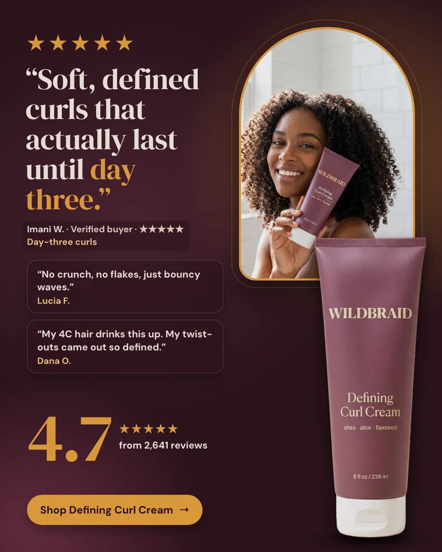 Dark plum Wildbraid ad: '“Soft, defined curls that actually last until day three.”' with five stars, two more customer quotes, 4.7 from 2,641 reviews, a smiling woman with curls holding the tube, and a 'Shop Defining Curl Cream' button.