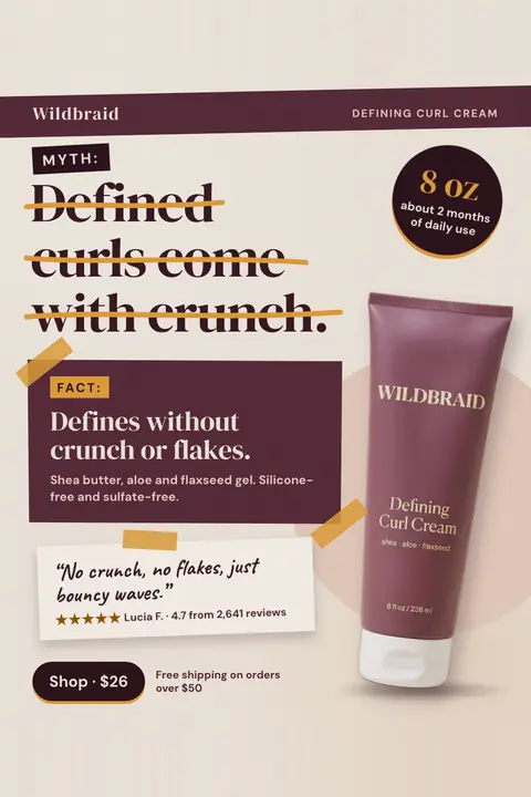 Cream and plum Wildbraid ad: 'MYTH: Defined curls come with crunch.' struck through in gold, then a plum panel reading 'FACT: Defines without crunch or flakes.' A Defining Curl Cream tube, an 8 oz badge, a review note and a 'Shop · $26' button. Shown here in the 2:3 Pinterest size.
