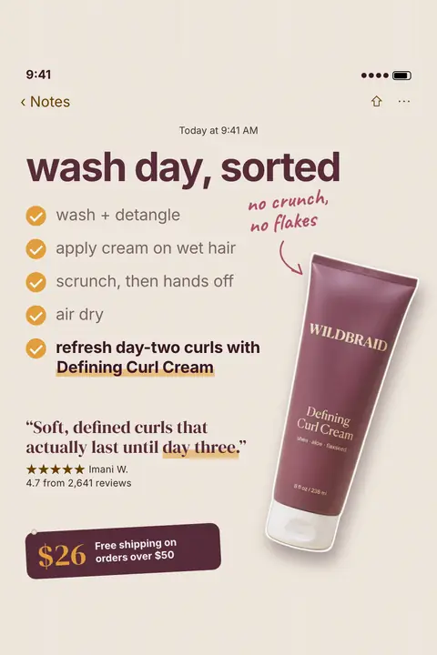 Cream-colored Notes app style Wildbraid ad: 'wash day, sorted' above a five-step checklist ending in 'refresh day-two curls with Defining Curl Cream', a plum tube of the cream, a 5-star quote, 4.7 from 2,641 reviews, and a $26 tag. Shown here in the 2:3 Pinterest size.
