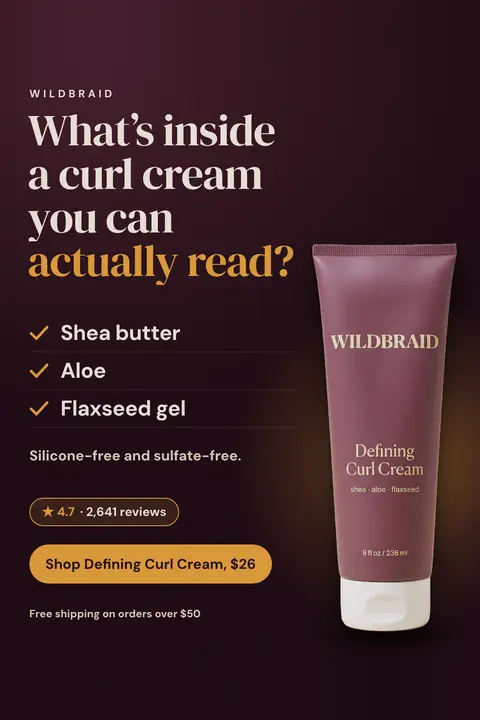 Dark plum Wildbraid ad: 'What's inside a curl cream you can actually read?' with a three-item checklist (shea butter, aloe, flaxseed gel), a 4.7 rating from 2,641 reviews, a 'Shop Defining Curl Cream, $26' button and a plum tube. Shown here in the 2:3 Pinterest size.