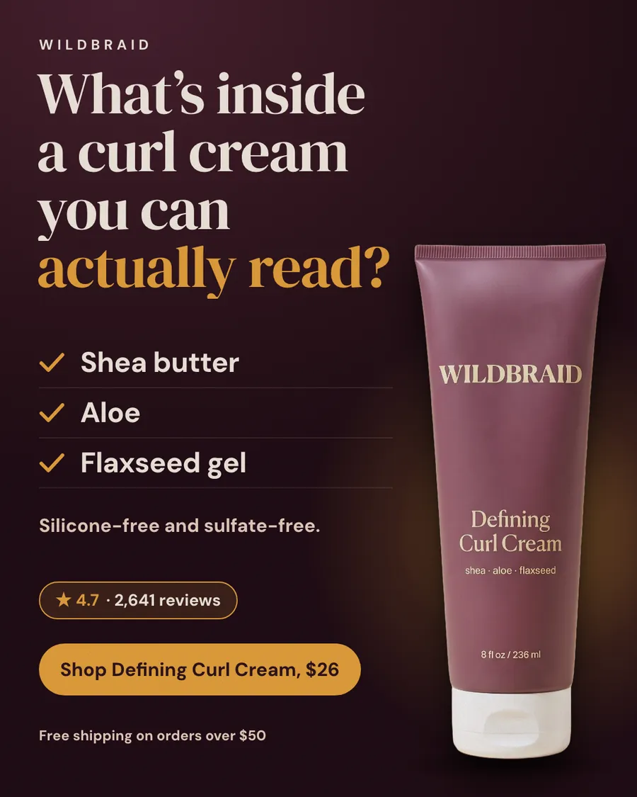 Dark plum Wildbraid ad: 'What's inside a curl cream you can actually read?' with a three-item checklist (shea butter, aloe, flaxseed gel), a 4.7 rating from 2,641 reviews, a 'Shop Defining Curl Cream, $26' button and a plum tube.