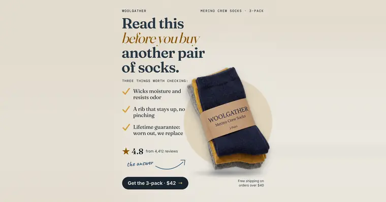 Warm cream Woolgather ad: 'Read this before you buy another pair of socks.' with a three-point checklist, a 4.8 rating from 4,412 reviews, and a photo of navy, mustard and grey merino socks. A 'Get the 3-pack · $42' button sits at the bottom. The 1.91:1 version.