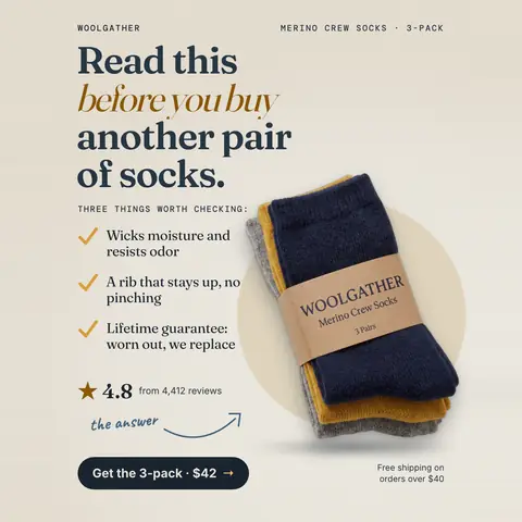 Warm cream Woolgather ad: 'Read this before you buy another pair of socks.' with a three-point checklist, a 4.8 rating from 4,412 reviews, and a photo of navy, mustard and grey merino socks. A 'Get the 3-pack · $42' button sits at the bottom. The 1:1 version.