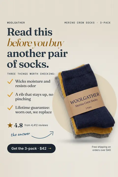 Warm cream Woolgather ad: 'Read this before you buy another pair of socks.' with a three-point checklist, a 4.8 rating from 4,412 reviews, and a photo of navy, mustard and grey merino socks. A 'Get the 3-pack · $42' button sits at the bottom. Shown here in the 2:3 Pinterest size.