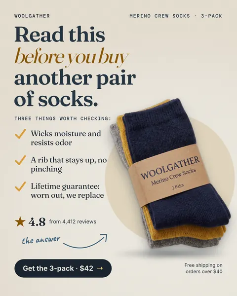 Warm cream Woolgather ad: 'Read this before you buy another pair of socks.' with a three-point checklist, a 4.8 rating from 4,412 reviews, and a photo of navy, mustard and grey merino socks. A 'Get the 3-pack · $42' button sits at the bottom. The 4:5 version.