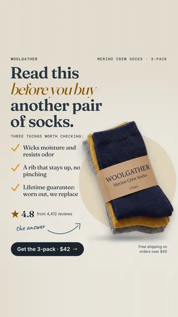 Warm cream Woolgather ad: 'Read this before you buy another pair of socks.' with a three-point checklist, a 4.8 rating from 4,412 reviews, and a photo of navy, mustard and grey merino socks. A 'Get the 3-pack · $42' button sits at the bottom. The 9:16 version.