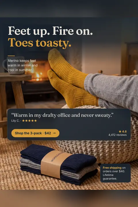 Dark navy Woolgather ad: 'Feet up. Fire on. Toes toasty.' Mustard socks on feet resting on a knit pouf by a lit fire, a review quote, a 'Shop the 3-pack · $42' button, 4.8 from 4,412 reviews, and a stacked 3-pack of socks. Shown here in the 2:3 Pinterest size.