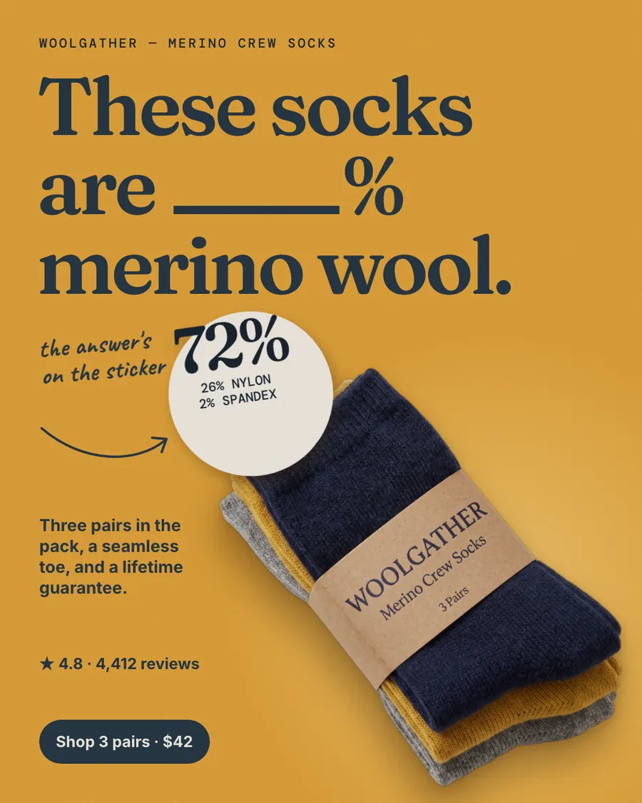 Mustard yellow Woolgather ad: 'These socks are ____% merino wool.' with a blank in the headline, answered by a round sticker reading 72%, 26% nylon, 2% spandex, beside a photo of three paired socks in a paper band, and a 'Shop 3 pairs · $42' button.