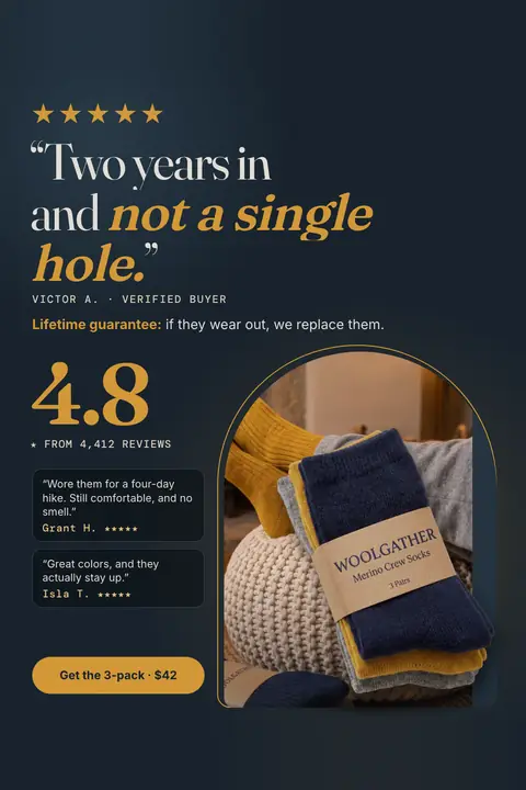 Dark navy Woolgather ad: '“Two years in and not a single hole.”' with five gold stars, Victor A., a lifetime guarantee line, a big 4.8 from 4,412 reviews, two short quotes, a photo of a 3-pair sock pack, and a 'Get the 3-pack · $42' button. Shown here in the 2:3 Pinterest size.