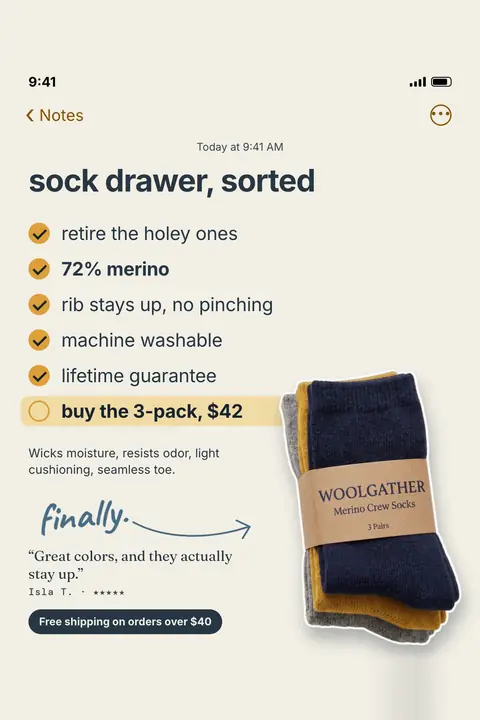 Cream Woolgather ad styled as a phone note: 'sock drawer, sorted' above a checklist: 72% merino, machine washable, lifetime guarantee, and an unchecked 'buy the 3-pack, $42'. Navy, mustard and grey socks, a review quote and a free shipping label. Shown here in the 2:3 Pinterest size.