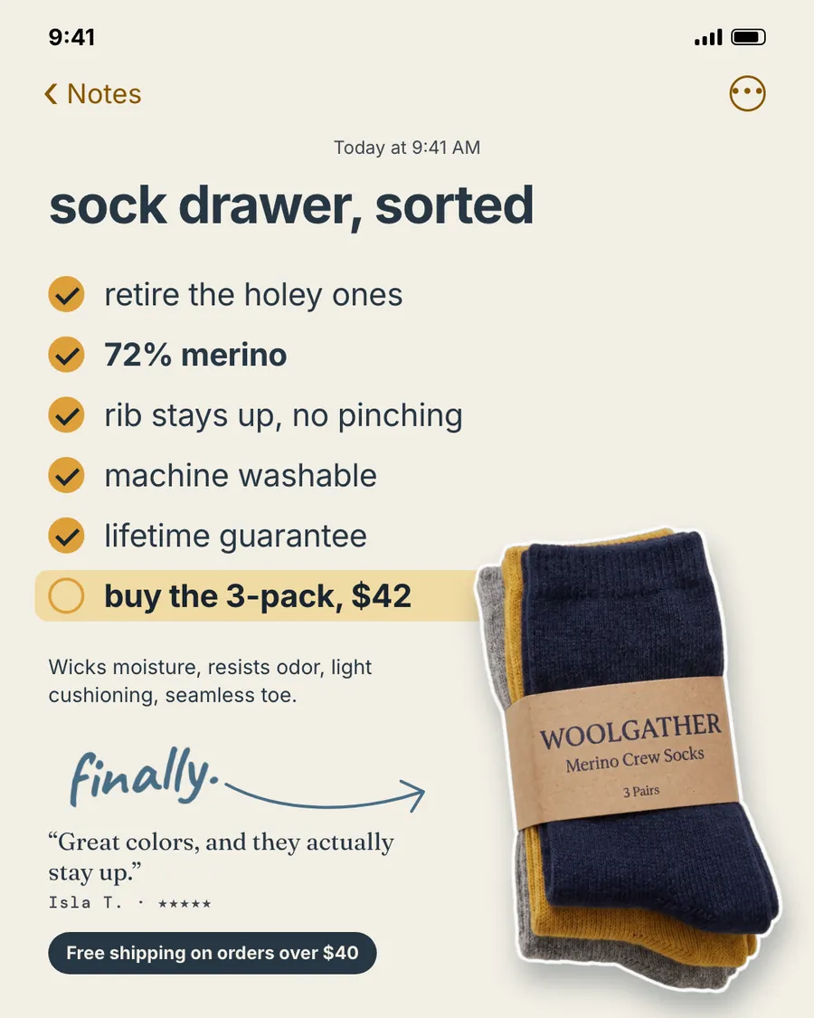Cream Woolgather ad styled as a phone note: 'sock drawer, sorted' above a checklist: 72% merino, machine washable, lifetime guarantee, and an unchecked 'buy the 3-pack, $42'. Navy, mustard and grey socks, a review quote and a free shipping label.
