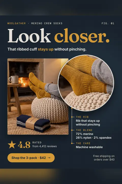 Dark navy Woolgather ad: 'Look closer.' above a cozy photo of mustard socks on a knit pouf by a fire, with a round zoom circle on the ribbed cuff, a 4.8 rating from 4,412 reviews, and a 'Shop the 3-pack · $42' button. Shown here in the 2:3 Pinterest size.